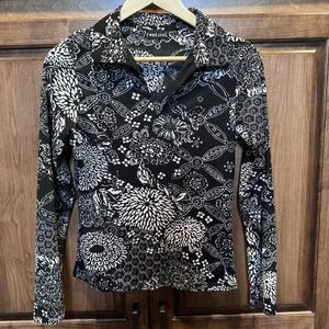 Vintage Wet Seal Black White Floral Y2K‎ Collared Stretch Top Size L VTG Rare